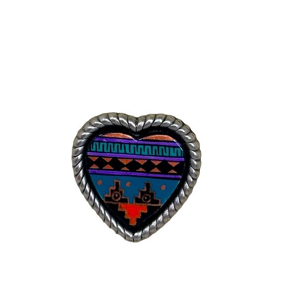 Vintage Southwestern Style Hand painted Button Covers - 1980s  Silver tone - Picture 3 of 11